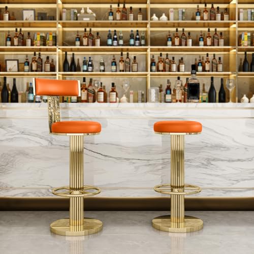 Image of FUNROLUX Counter Height Bar Stools with Back, Modern Adjustable Height Barstools Swivel Bar Chair with Polished Gold Stainless Steel Legs for Kitchen Island Counter Living Room Coffee Shop (Orange)