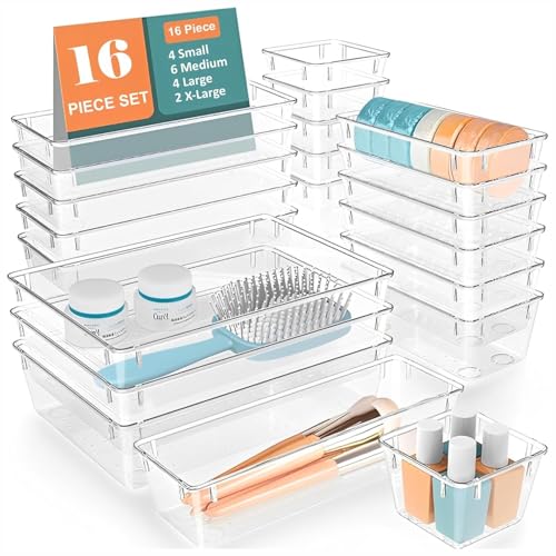 Image of Rylan Set of 16 Drawer Organiser /Unbreakable Drawer Organizer /Dressing Table Organizer /Multi-Purpose Storage Boxes /Drawer Divider Tray for Kitchen /Bedroom /Office - (Clear Transparent)'