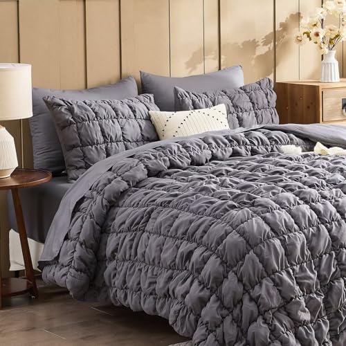 Image of Grey Comforter Set King Size Bed in A Bag 7 Piece Pinch Pleat Bedding Set, Pintuck Ruched Square Bed Set with Comforter, Sheets, Pillowcases & Shams