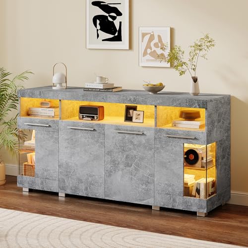 Yihomfy Buffet avec éclairage LED,Commode Brillante avec 4 Portes et Compartiments de Rangement Ouverts, Armoire de Rangement avec Portes en Verre,pour Salon,...