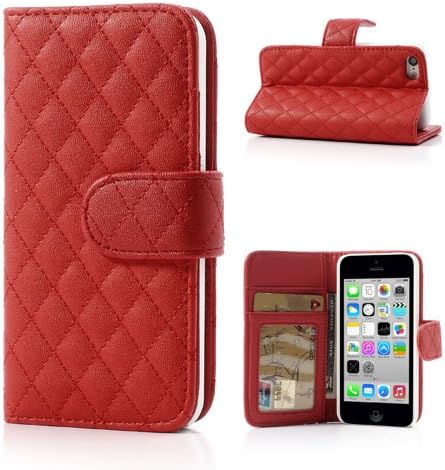 Slick Shell Quilted Red Rhombus Soft PU Leather Wallet Case with Card Holder and Foldable Stand for Apple iPhone 5C