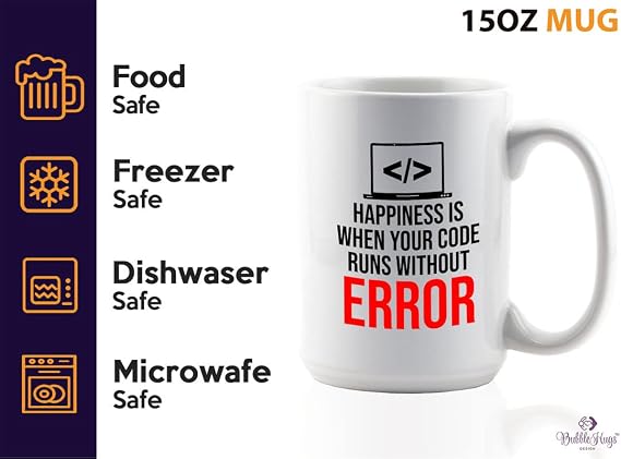 Programmer Coffee Mug 15oz White - Happiness is when your code runs without error - Gift for Programmers Geeks Nerds IT Students Graduates and Tech Support Pros