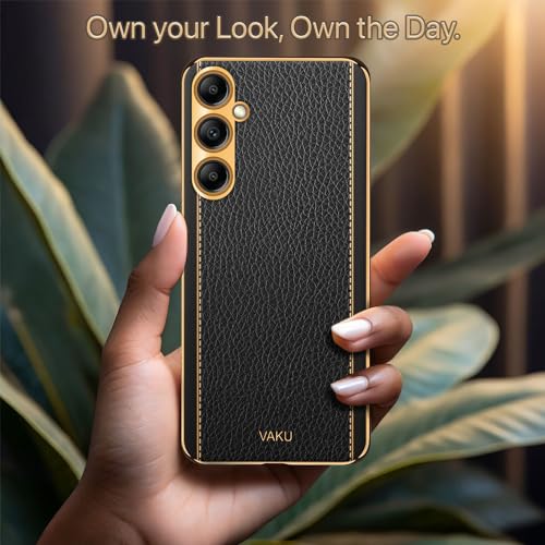 Image of Vaku Luxos Luxemberg Back Cover Case for Samsung Galaxy A14 5G with Leather Pattern Design Gold Electroplated Soft TPU Cover| Shockproof Protective Case - Black