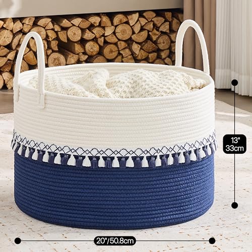 Image of KAKAMAY Cotton Rope Storage Basket (20 inchx13 inch),Woven Hamper for Blankets,Toys,Pillows,Clothes,Laundry,Sturdy Handles Decorative Basket for Living Room, Bedroom,Nursery(Blue /Blue Fringe)