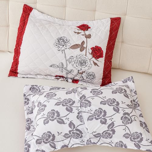 EVENHUG Quilted Pillow Shams Set of 2 Red Rose Pillow Covers Floral Pillowcases Matching Bedding Decoration (20