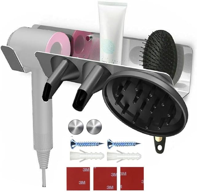 NganSuRong Magnetic Hair Dryer Holder Wall Mount Stand Rack Bracket Shelf Bathroom Salon Storage Organizer Stainless Steel Hairdressing Hanger Compatible With Dyson Supersonic