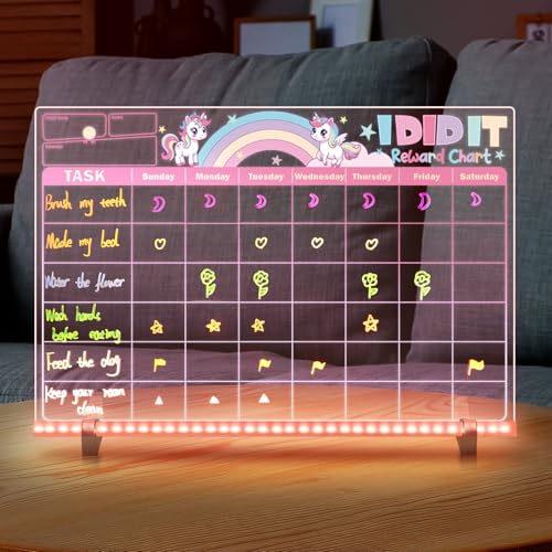 Justforjoyful Light-Up Unicorn Reward Chart for Kids Toddlers Acrylic Behavior & Responsibility Chart with LED Lights Unicorn Chore Chart Bedtime Routine Positive Chart for Home Classroom School