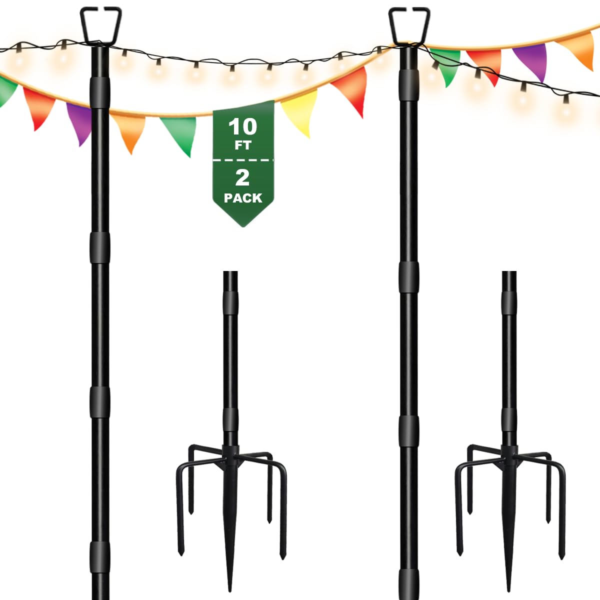Tigerden 10Ft String Light Poles for Outside - 2 Pack Adjustable Metal Poles for Outdoor String Lights, Rustproof & Sturdy Light Stand Posts for Patio, Backyard, Deck, Garden, Party Decorations