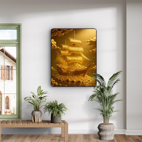 Image of SAF Golden Wealth Ship Wall Art | Treasure Ship Sailing Painting with Black Frame & Sparkle Lamination | Money Attraction Vastu Decor for Office Shop Home (14 Inch x 11 Inch) K-36114