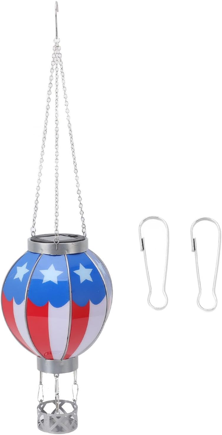 Hot Air Balloon Solar Lantern, Versatile Iron Patriotic Flag Pattern Hanging Solar Light Outdoor Small Hot Air Balloon Shape Solar Lantern for Outdoor Garden Yard Decor