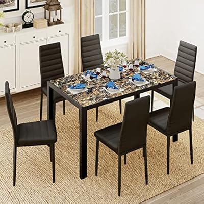 Gizoon Glass Dining Table Sets for 6, 7 Piece Kitchen Table and Chairs Set for 6 Person, PU Leather Modern Dining Room Sets for Home, Kitchen, Living Room Marble