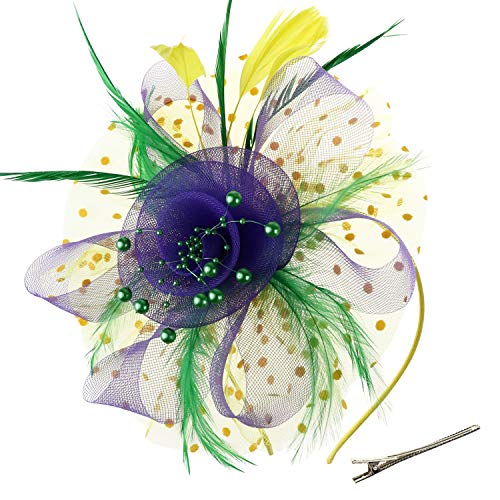 Image of DRESHOW Fascinators Hat Flower Mesh Ribbons Feathers on a Headband and a Clip Tea Party Headwear for Girls and Women