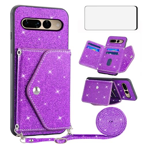 Protection Google Pixel 7 Pro 5G étui portefeuille violet à paillettes XL