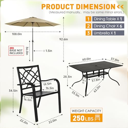 Image of SUNCROWN 8-Piece Outdoor Wrought Iron Chairs and Table Patio Dining Furniture Set - 6 Stackable Metal Chairs, 1 Steel Slat Bistro Table and 1 Brown 9Ft Patio Umbrella for Garden Backyard Deck