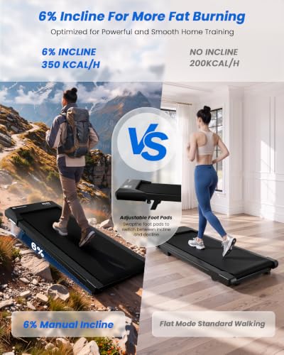 Image of DeerRun Under Desk Walking Pad Treadmill for Home Office & Small Spaces, 6% Manual Incline, 0.6-3.8 MPH Walking Speed, 2.5 HP, 300 lb Capacity, App & Remote Control