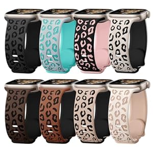 8 Pack Leopard Engraved Bands Compatible for Apple Watch Band 41mm 40mm 38mm 49mm 45mm 44mm 42mm Women, Cheetah Soft Silicone Sport Wristband Strap for iWatch Series 9 8 7 6 5 4 3 2 1, Ultra,
