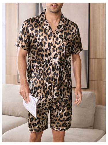 Men's 2 Piece Satin Silk Pajama Sets Leopard Button Down Shirts and Shorts Cheetah Loungewear Sleepwear Pjs3