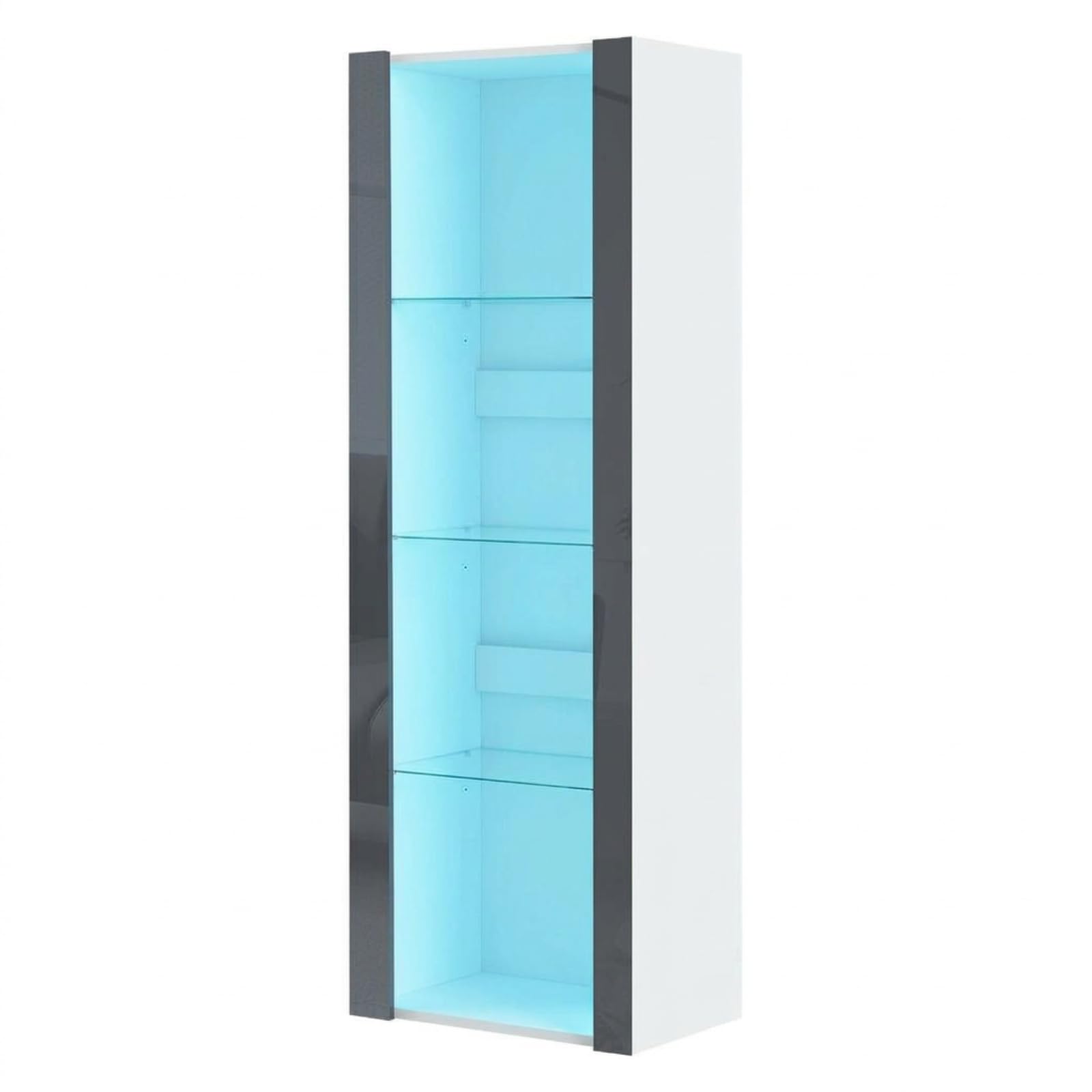Panana LED Tall Display Cabinet with Glass Shelf Modern Sideboard Cupboard Unit for Living Room Bedroom Furniture (White Matt Body & Gray High Gloss Fronts)