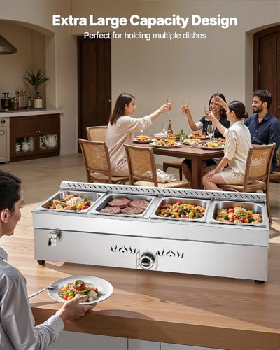 Image of VEVOR 4-Pan Commercial Propane Steam Table, LP Gas Outdoor Soup Warmer with Drain Valve, Stainless Steel Propane Food Warmer with Adjustable Temperature, for Restaurant Party Outdoor Camping