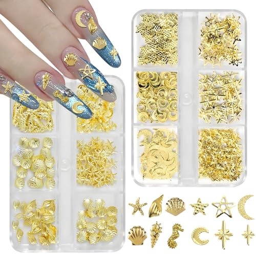 2 cajas de dijes dorados para uñas, estrellas de mar, metal, pequeñas estrellas, lunas, conchas, estrellas de mar, verano, 3D, joyería, decoraciones de manicura para arte de uñas, uñas strass