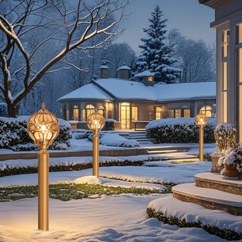 Globe Outdoor Post Light for Lawn Garden Patio, Brass Sphere Outside Pole Light Fixtures Waterproof Aluminum Lamp Post Light, Pier Mount Outdoor Lighting for 3" Pole Fence Deck, 2 Pack