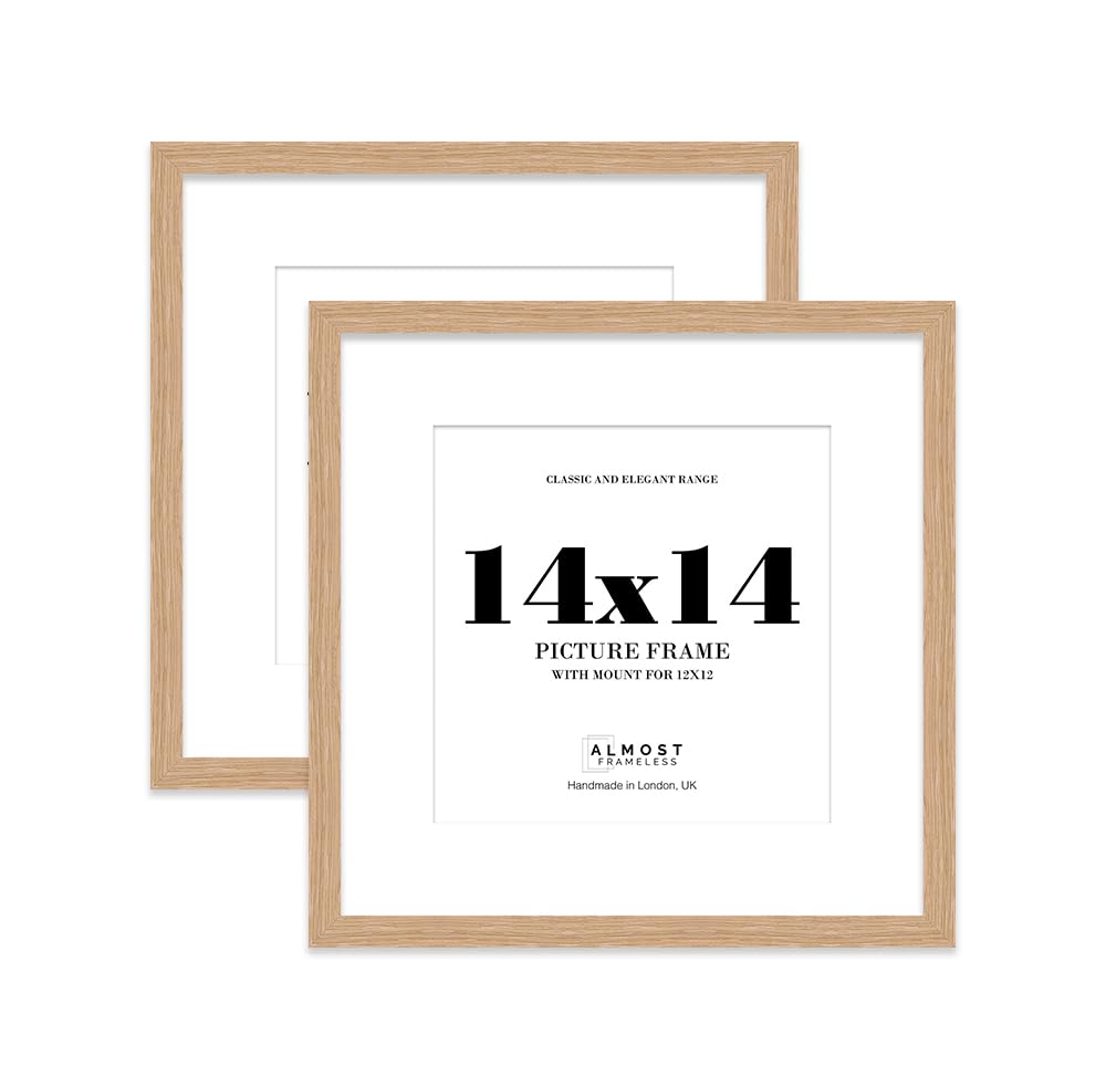 14x14 Oak Picture Frame with Mount for 12x12 Photos, Prints - Modern Square Wall Frame, Set of 2