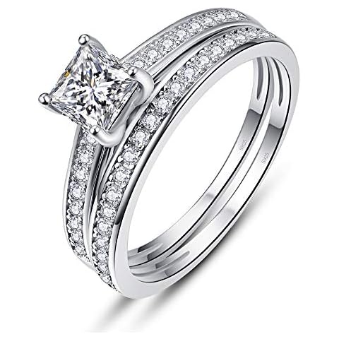 AVECON 1.35ct Princess Cut Engagement Ring 925 Sterling Silver Wedding Ring Set for Women Princess Cut Cubic Zirconia Bridal Ring Sets Valentine's Day Gift Size 9 Cover