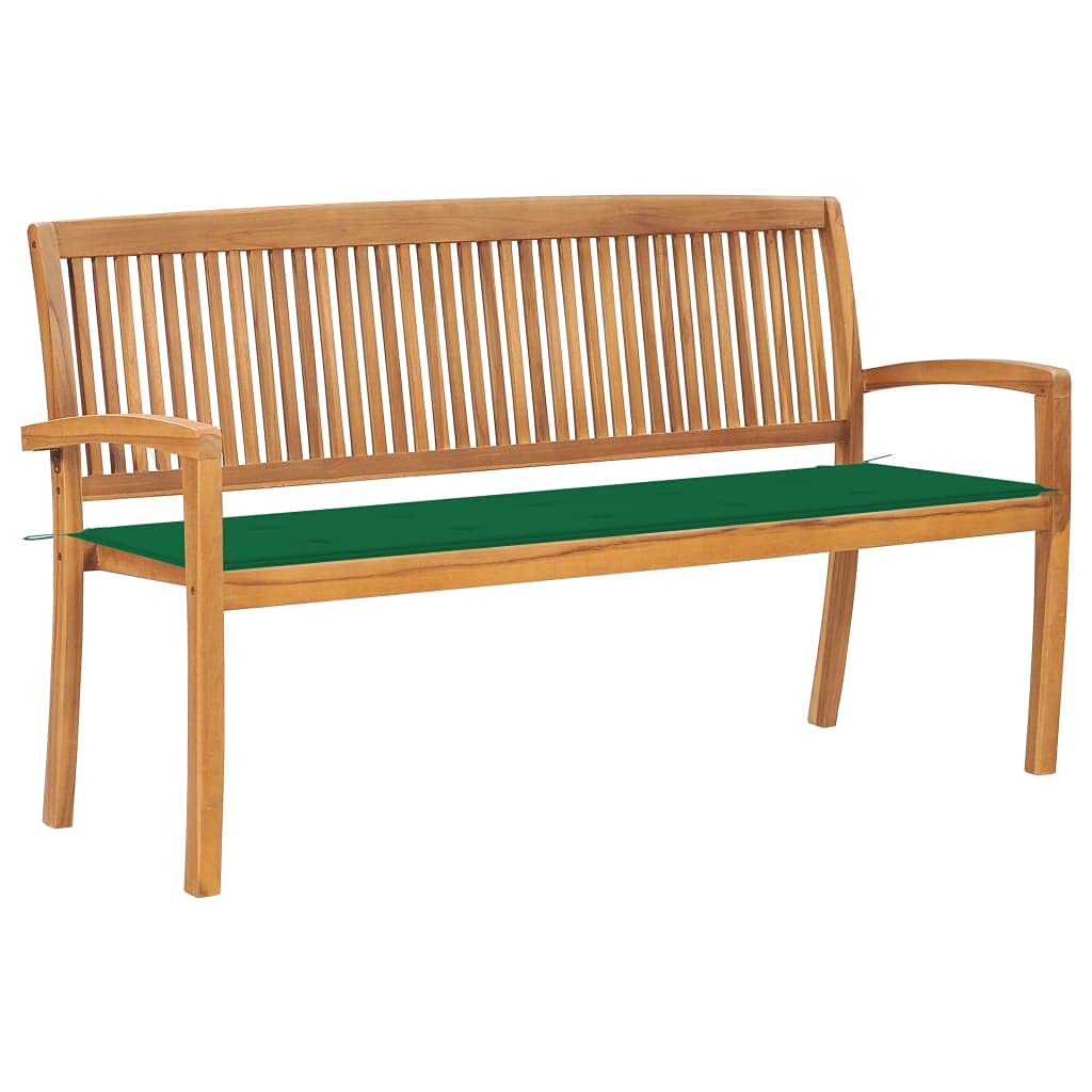 Banco de jardín apilable de 159 cm de madera maciza de teca con cojín acolchado de 3 cm, material robusto para uso en exteriores, aspecto de madera moderna, ahorra espacio para balcón, terraza