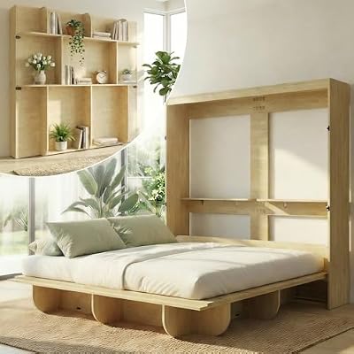 CECER Queen Size Wall Murphy Bed with Storage Shelf,Space-Saving Queen Wall Beds Cabinet Bed,Queen Murphy Cabinet Beds with Bookshelf for Guest Room/Bedroom-Natural Wood