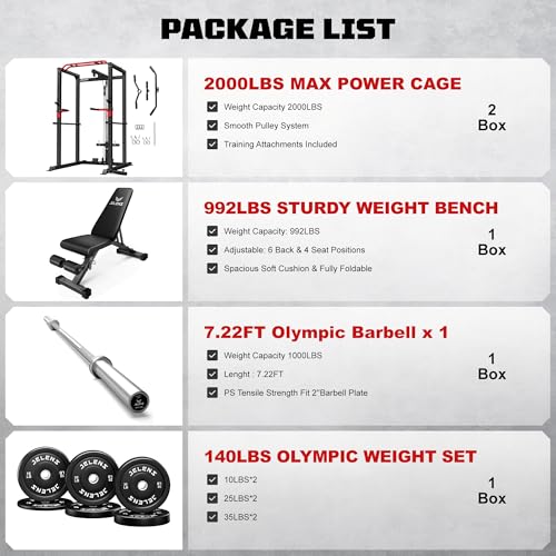 Image of JELENS S11 Power Cage, 2000LB Multi-Function Power Rack with LAT Pulldown, Squat Rack with Adjustable Pulley System and Training Attachments, Weight Rack for Home Gym