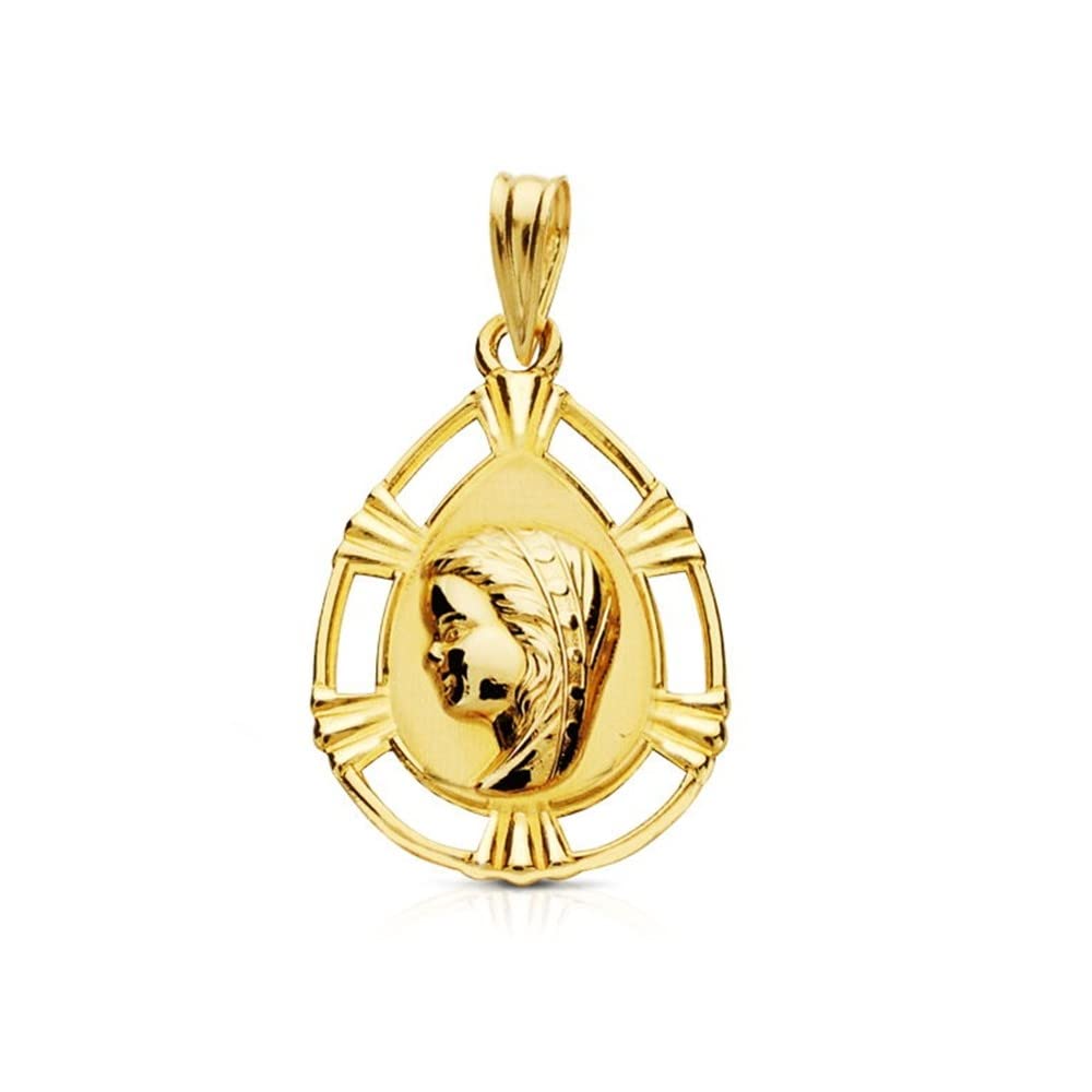 Virgen Niña medalla oro 18k Primera Comunión colgante 23mm. forma lágrima borde calado formas - Personalizable - GRABACIÓN INCLUIDA EN EL PRECIO