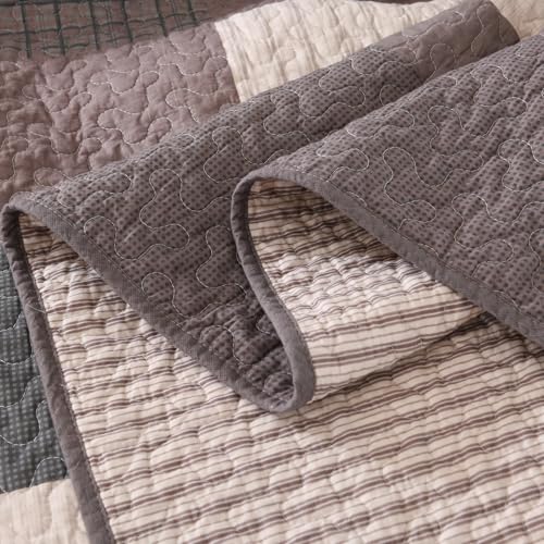 Image of EWlinens 100% Cotton 120 inchx120 inch Oversized King Bedspread - Farmhouse Extra Large Quilts King Size, All Season Patchwork Plaid Rustic Striped Quilt Bedding Set, 3pcs, Chocolate Malt /Brown /Black /Beige