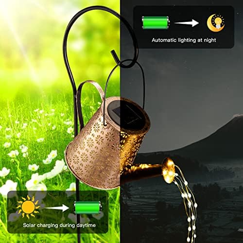 Solar Watering Can Light Garden Ornaments Outdoor Fairy Ornaments for Garden Star Shower Garden Art Lights IPX68 Waterproof 60 LED Waterfall String Lights for Park Fence Lawn Patio Party with Bracket