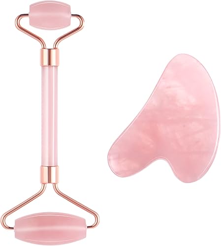 Rosenice Jade Roller y Gua Sha, rodillo facial, rodillo de jade para cara, masajeador de rodillos de cuarzo rosa natural para ojos, cuello, músculos