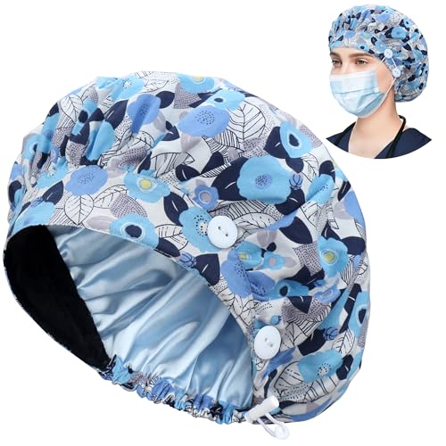 Image of Bouffant Caps with Button and Sweatband, Adjustable Scrub Caps for Women Men, One Size Multi Color