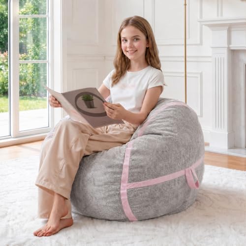 Image of 2FT Bean Bag Chair 2'Bean Bag Chairs with Memory Foam Filled Small Bean Bag | Bean bags with Washable Cover Luxurious Velvet Fabric, Comfy Chairs for Living Room, Bedroom, Dorm, Lightgrey with Pink