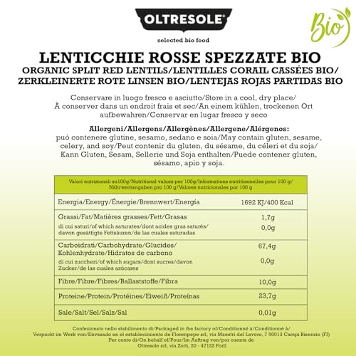 Oltresole, Bio-rote Linsen, gebrochen, 5 kg, geschälte und gebrochene Bio-Hülsenfrüchte, kein Einweichen erforderlich, Quelle für Proteine und Ballaststoffe, Sparpackung