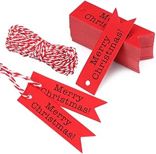 jijAcraft 100Pcs Merry Christmas Gift Tags, 7x2CM Red Christmas Mini Tags, Kraft Paper Hang Tags with 20M Red and White Twine for Christmas Decorations