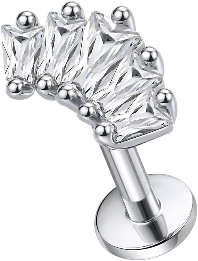 Five Baguette Cz Stones Setting in Fan Shape Design Internally Threaded Top 16 Gauge - 6mm, 7mm, 8mm Length Flat Back Lip Labret Stud - Tragus Earring - Cartilage, Helix - Tragus Piercing Jewelry