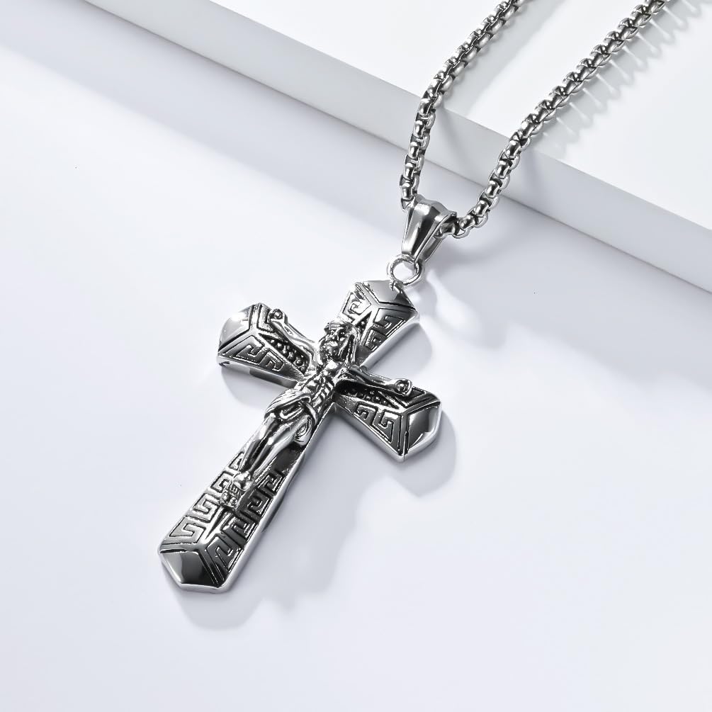 Men Wrench Cross Necklace,Stainless Steel Black Silver Crucifix Jesus Pendant Necklace Baptism Christian Jewelry,60cm Rolo Chain - Image 4