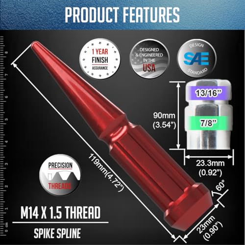 Image of Wheel Accessories Parts 32 Pcs + 1 Key M14x1.50 14x1.50 Thread Spike Spline 4.40 inch Long Lug Nuts Red Truck Spline Hex Fits Ford F250 /350 Super Duty Silverado Sierra 2500 3500 Ram 2500 3500