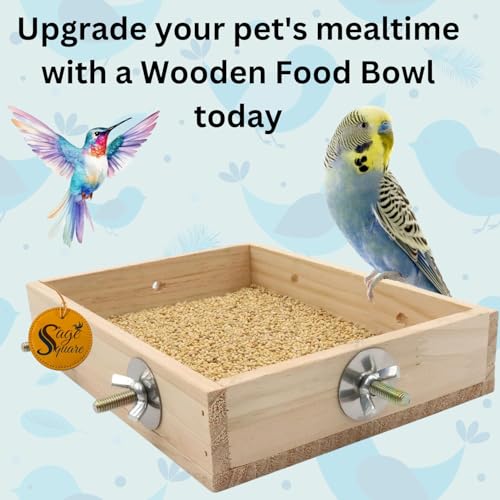 Image of Sage Square Bird Cage Wooden Feeding Bowl - Natural, Hand-Made, Sturdy & Stylish, Ideal for Birds, Parrots, Small Pets, Perfect for Food, Treats, Safe Cage Accessory (8 x 6 inch)