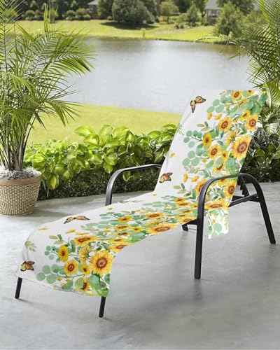 Beach Pool Patio Lounge Chaise Chair Cover Towel with Pockets,Yellow Sunflower Absorbent & Quick Dry Microfiber Towel Cover Bag Summer Travel Accessories Green Eucalyptus Leaves Farm Floral