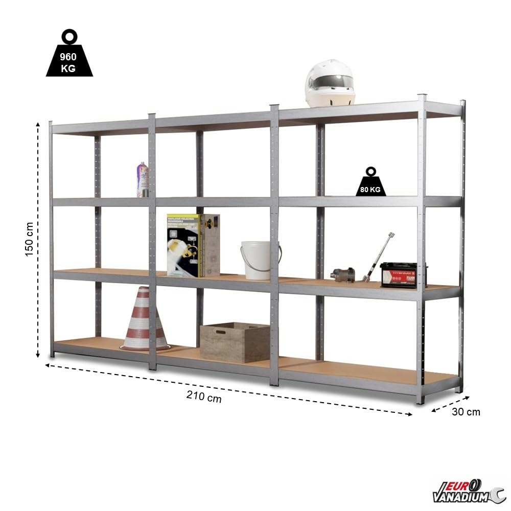 Triple Estanterías de almacenamiento Cargas Pesadas - 210 x 150 cm - 960 kg - Estanterías de garaje modulables, 4 Niveles, 12 Estantes