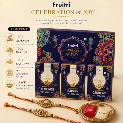 Image of Fruitri Premium Rakhi Gift Hamper for Brother with Almonds, Cashews & Raisins - 300g, 2 Rakhis, Roli Chawal & Greeting Card, Ready-to-Gift Raksha Bandhan Gift Box