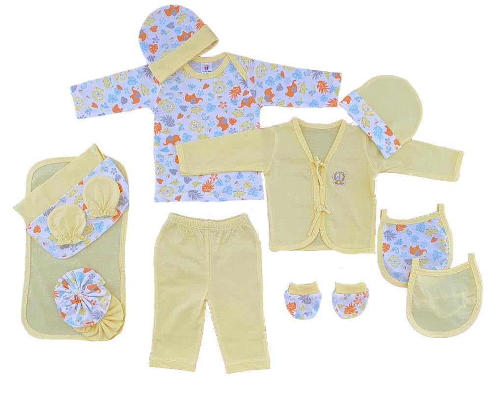 My Tiny Wear Full Sleeves New Born Baby Gift Set, Infant Clothing Gift Set, Essentials kit, Cotton Set, Suit Set, Just Born, Dress, Boy, Girls, 14 Pieces | Items | Products, 0-3 Months (Yellow)