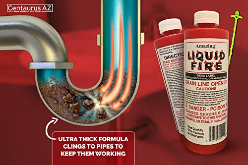 Liquid Fire Drain Opener, Cleans Drain Pipes in Sinks, Tubs, Shower Stalls, Septic Tanks and Laterals- Clog Remover, Drain Cleaner, Toilet Clog Remover- 32 Oz with Centaurus AZ Drain Snake