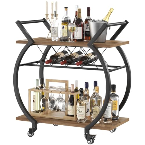 LVB Bar Cart with Wine Rack, 2 Tier Kitchen Cart on Wheels, Modern Wood and Metal Portable Coffee...