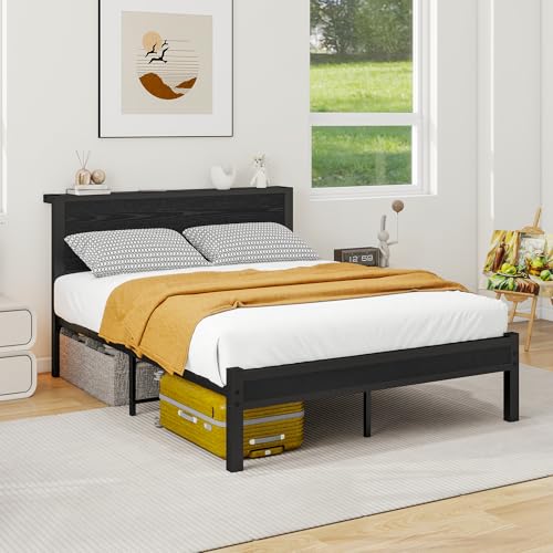 DUMEE Double Bed Frame with Wooden Storage Shelf Headboard, Metal Platform Bed Frame Double Bed, No Box Spring Needed, Enhanced Support, Black