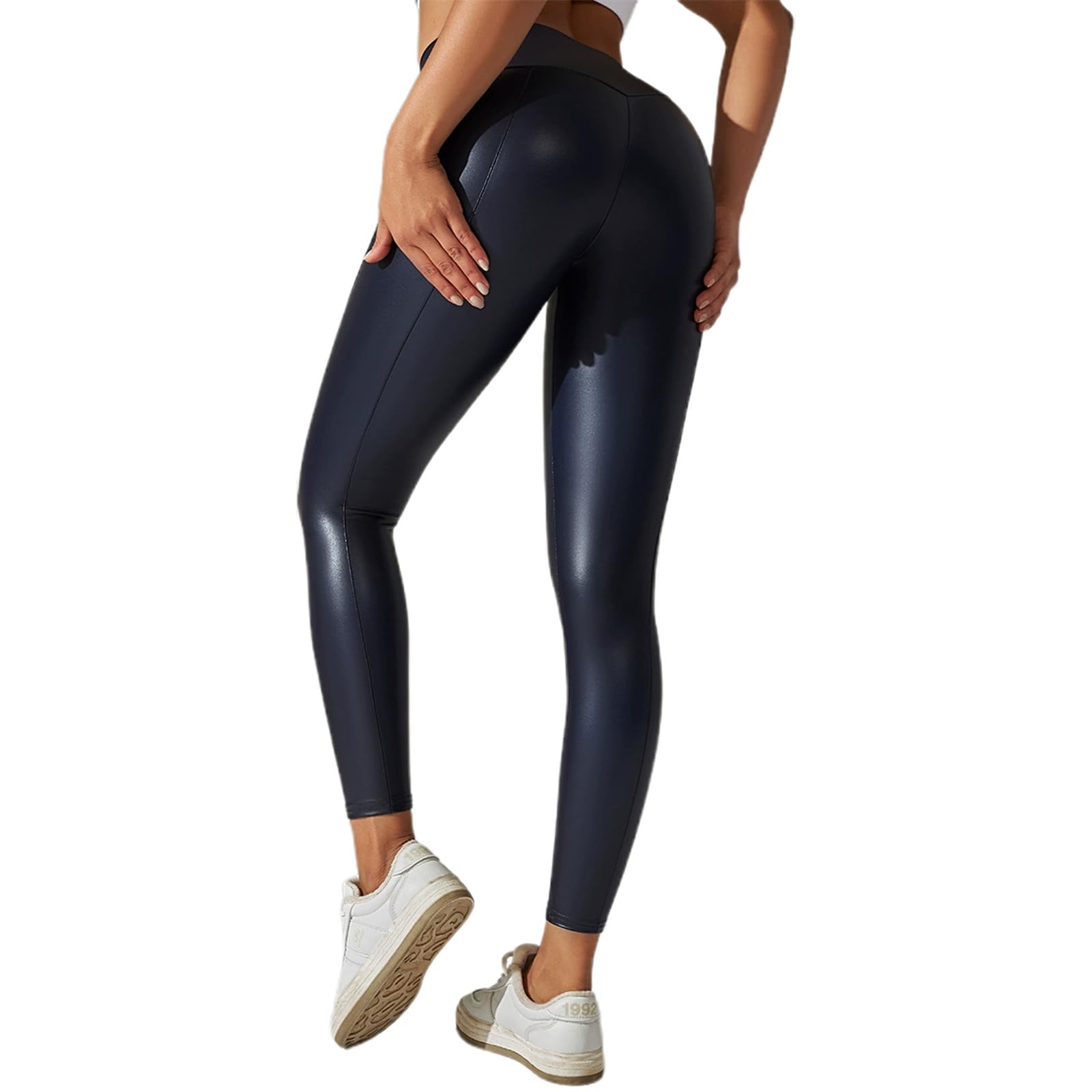 Pantalones de cuero brillante de cintura alta para mujer corte nueve puntos con elasticidad sexy 4